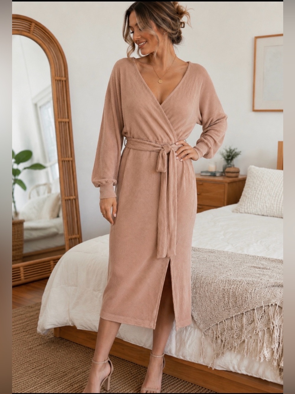 Socialite Ribbed Wrap Midi Dress Blush Pink Belted Long Sleeve Size S